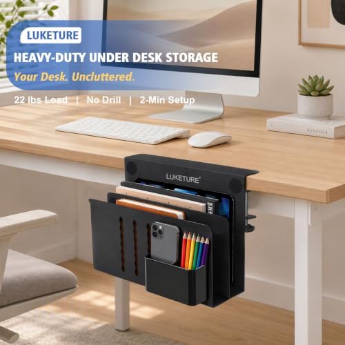 LUKETURE 2 Tier Desk Side Storage, No Drill Laptop Mount with Pen Holder
