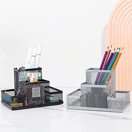 Desk Organizer Desktop Mesh Pen Pencil Holder Caddy with 4 Compartments, Office Home School Classroom Accessories Cool Supplies (Silver)
