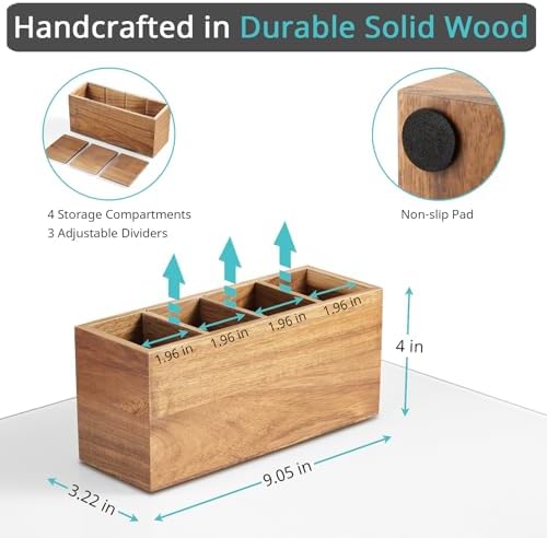 Bivvclaz Pencil Pen Holder for Desk, Acacia Wood Office Desk Organizers and Accessories with 4 Slots for Countertop, Makeup Brush Holder Organizer for Bathroom Vanity, Silverware Caddy for Party