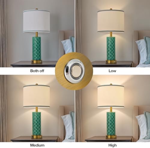 Set of 2 Table Lamp for Living Room Bedroom Farmhouse,26'' Touch Control Bedroom Turquoise Ceramic Lamps 3-Way Dimmable Bedside Lamps with USB A+C Ports Linen Shade for Home