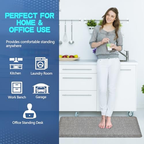 Anti Slip 3/4 inchs Anti Fatigue Kitchen Floor Mat, Ergonomic Comfort Standing Mat, Waterproof Kitchen Runner for Home, Kitchen, Office, Laundry, Garage (Light Gray, 24" x 70" -0.75")