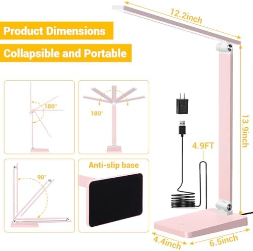 LED Desk Lamp for Home Office, 3 Levels Dimmable Desk Light with USB Charging Port, Reading Lamp for Table Study Work Office Nail Craft Puzzle, Pink, 5000K