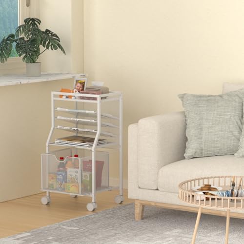 BOHDK Rolling File Cart, 6-Tier Desk File Organizer on Lockable Wheels, White Wood Planks & Mesh Sliding Hanging Folder Drawer, Organization Cart for Office Home School