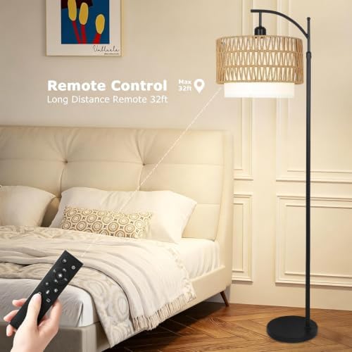 ZECOXOL Arc Floor Lamp for Living Room Boho Floor Lamps with Remote Control & with 3 Color Temperatures,Rattan Wicker Standing Lamp Dimmable Tall Floor Lamp for Bedroom Living Room Corner