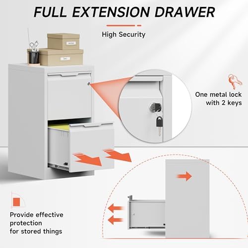 Metal Filing Cabinet with Lock,Vertical File Cabinet 2 Drawer,White File Cabinet with Lock for Home Office/Legal/Letter/A4,Lockable File Cabinets for Hanging File -Assembly Required