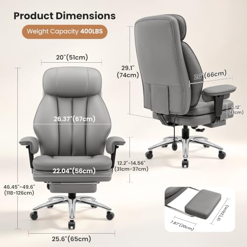 Ergonomic Big and Tall Office Chair with Lumbar Support and Footrest, Gray