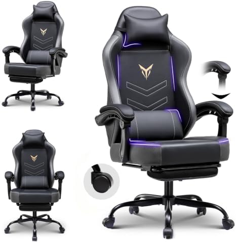 GTPLAYER Gaming Chair with Footrest, Ergonomic Office Chair 300lbs Capacity, Computer Desk Chair with Headrest and Lumbar Support, Linkage Armrests, 90-155° Recline, PU Leather Grey