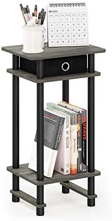Furinno Turn-N-Tube Toolless 3-Tier Side Table with Storage Bin, Grey Oak