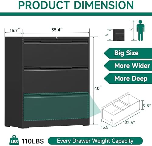 Filing Cabinet with Lock,Lateral File Cabinets 3 Drawer Metal Wide Filing Organization,Home Office School Furniture for Hanging Files Letter/Legal/F4/A4 Size,Black - Assembly Required