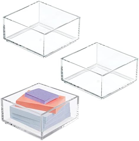 mDesign Plastic Square Desk Organizer - Create Section for Home Office Drawers, Desktop - Holds Pens, Paper Clips, Notebooks and Other Office Supply Accessory - Lumiere Collection - 3 Pack, Clear