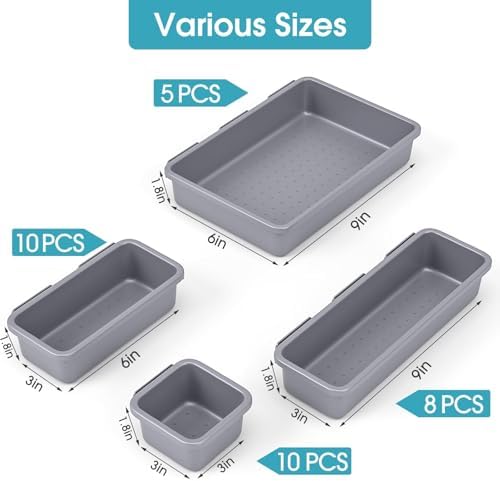 33 PCS Drawer Organizer Set, 4 Size Makeup Drawer Divider Organizer With Non-Slip Pads, Interlocking Plastic Storage Bins for Office,Jewelry Vanity,Gadgets, Bathroom,Kitchen, Grey