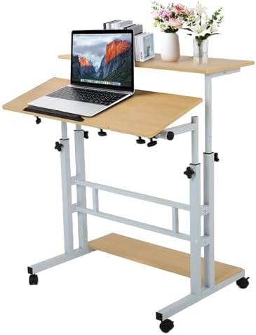 FAHKNS Small Standing Desk, Portable Stand Up Desk with Wheels, Adjustable Height Computer Desk for Home Reading Desk and Office Work
