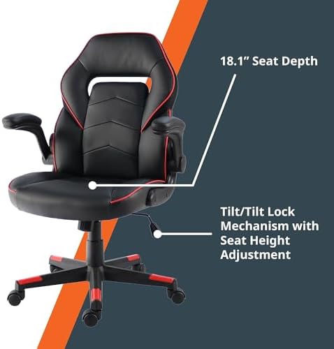 NuSparc SpawnSafe Gaming Chair, Adjustable Height, Flip-up Armrests, 360° Swivel, Black/Red
