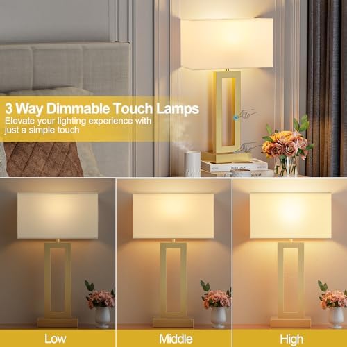 22" Tall Touch Lamps for Nightstand with USB C+A, 3 Way Dimmable Gold Lamp