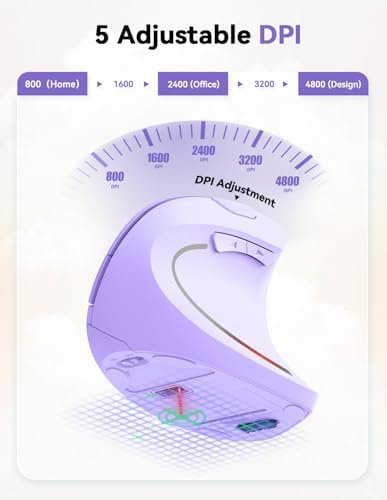 TECKNET Ergonomic Mouse, 4800 DPI Wireless Vertical Mouse with 5 Adjustable DPI Levels, 2.4GHz Optical Carpal Tunnel Mouse, 6 Buttons Wireless Mouse for Laptop, Desktop, PC, MacBook - Light Purple