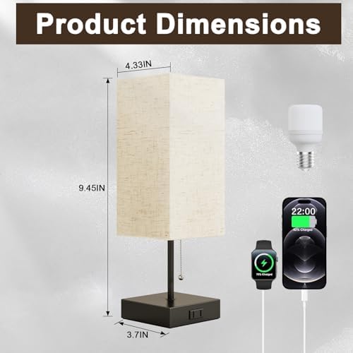 YIDPU Table Lamp for Bedroom,Nightstand Lamp for Bedside with AC Outlets,Adjustable 3color LED Light Desk Lamp for Home Decor,Included Bulb and Lamp Shade (Linen White-onlyAC, 2PCS)