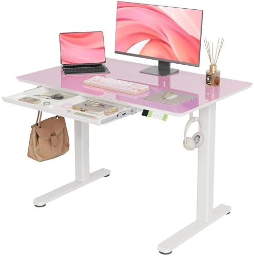 INNOVAR Glass Standing Desk with Drawers 40×24 Inch Morandi Powder