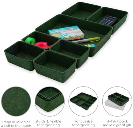 Welaxy 7-Piece Felt Drawer Organizer Bins, Dividers Tray Set, Forest Green