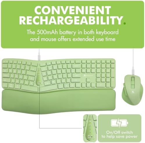 X9 Ergonomic Keyboard and Mouse Wireless Combo - Green Split Keyboard and Mouse Set, Bluetooth/2.4G, Soft Wrist Rest, Rechargeable, Silent Keys, Multi-Device for Laptop, PC, Mac, iOS, Android