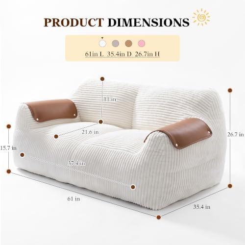 Homkdom Bean Bag Chairs for Adults, Lazy Loveseat Sofa with Armrests, White