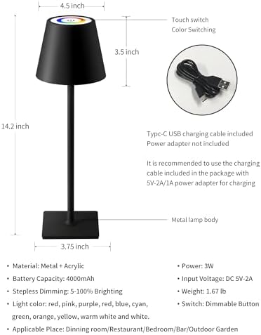 KDG 2 Pack Cordless Black Table Lamps, RGB Color Stepless Dimming Desk Lamp