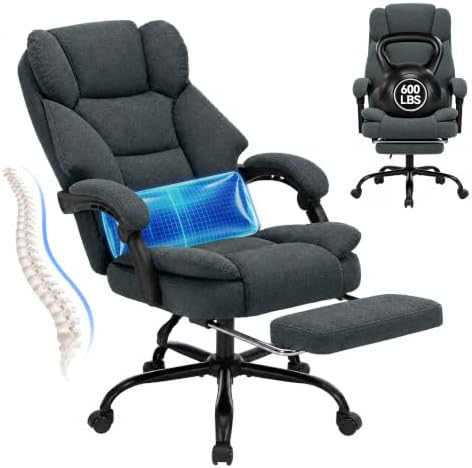 600LBS Executive Office Chair with FootRest for Heavy People High Back Ergonomic Gaming Chair with Lumbar Support Reclining Home Office Desk Chair with Pocket Spring Cushion Fabric (Gray)