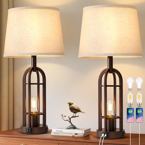 SRJJA 24" Industrial Table Lamps for Living Room Bedroom Set of 2, USB A+C