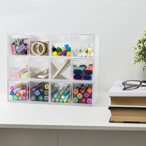 ZEXALOR Clear Desk Organizer Storage with 12 Drawers, Desktop Organizers, Bathroom Office Supplies, Plastic Storage Drawer for Makeup, Jewelry, Pen, Stationary, Hair Accessories, Sunglass (12-Drawer)
