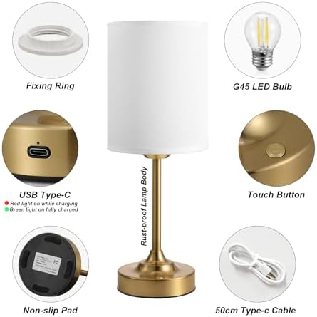Rechargeable Table Lamp, Battery Operated, Touch Control, Brass, 1 Pack