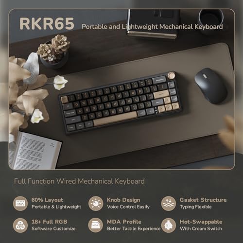 RK ROYAL KLUDGE R65 Wired Gaming Keyboard with Volume Knob, 60% Percent RGB Backlit Mechanical Keyboard Gasket Mount with PBT Keycaps, MDA Profile, QMK/VIA, 66 Keys Hot Swappable Cream Switch, Black