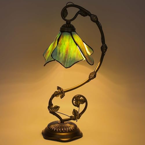 Stained Glass Table Lamp, Green Flower Style Metal Leaf Base Desk Reading Light, Adjustable 3 Color Temperature Decor for Bedroom Home Office