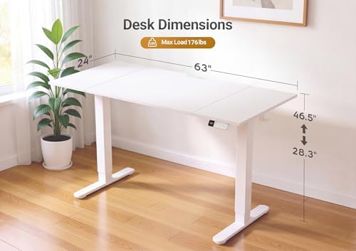 YDN Electric Standing Desk Adjustable Height, 63 x 24 Inches Sit Stand up Desk with Memory Presets & Cable Management, Home Office Desk for Office & Computer Workstation, White Frame/White Top