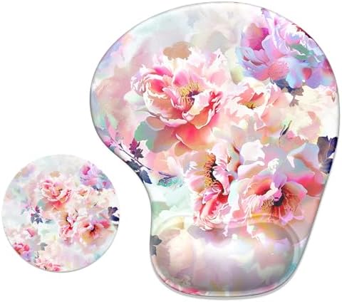 ITNRSIIET Ergonomic Mouse Pad Coaster Set with Gel Wrist Support Wrist Rest Smooth Surface Non-Slip PU Base Comfortable Office Supplies Pain Relief, 9.5 x 8.3 inches, Beautiful Flowers