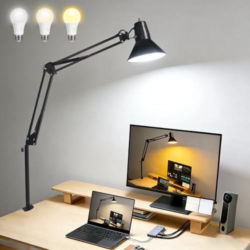 Black Dimmable Desk Lamp with Clamp, Extra-Tall Adjustable Swing Arm