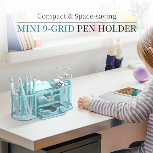 SUPEASY Mesh Desk Organizer, Pen Holder for Desk with 2 Drawers, Blue