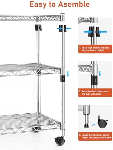 HealSmart 3-Tier Heavy Duty Storage Shelves 750Lb Capacity, 24.02" D x 13.78" W x 29.92" H Adjustable Shelving Unit with Wheels, Chrome