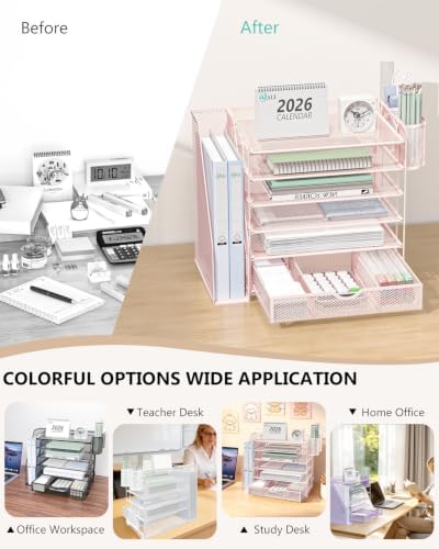 WALI Desk File Organizer, 6 Tier Desktop Paper Letter Tray Organizer with Drawer and 2 Pen Holders, Office Desk Accessories & Workspace Organizers for Office, Home Supplies(DO007DH-P), 1 Pack, Pink