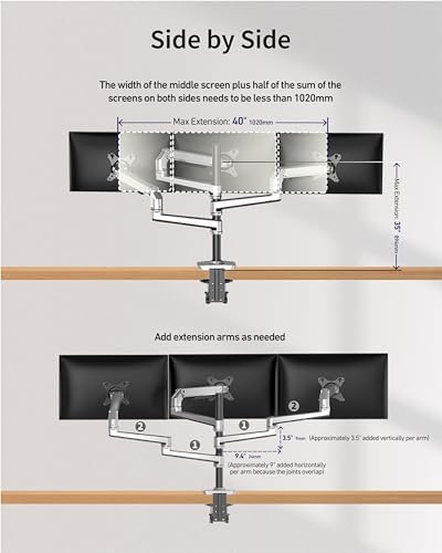 Ergounion Heavy Duty Triple Monitor Mount, Mechanical Spring 3 Monitor Arm for Ultrawide & Curved Screens, Fits Three 13-40 Inch Displays up to 25 lbs Per Arm, Premium Aluminum VESA Stand, Silver