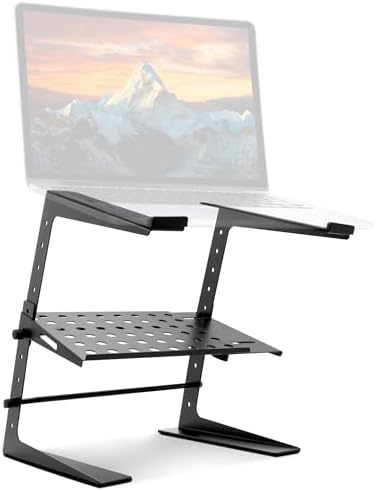 Pyle Adjustable DJ Laptop Stand with Two-Tier Storage Shelf – Portable Table for Laptop, CD Player, DJ Controller, EFX/Lighting Gear, 4 Heights, Durable, 8 lb Capacity