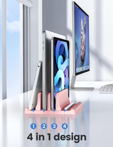Vaydeer Vertical Laptop Stand for Desk, Dual Slots Plastic Laptop Holder with Space Saving 4-in-1 Design, Adjustable Laptop Stand Supports MacBook, Chromebook, Surface, Dell (Pink)