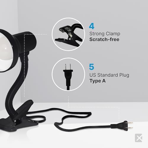 Xtricity LED Clip on Desk Lamp with 360° Flexible Gooseneck, Reading Light for Bed Headboard– A19 Bulb Included, 120V, On/Off Switch, 10.25” Height Table Lamp with Black Finish (2 Pack)