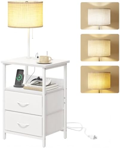 Fixwal Night Stand with 3 Color Temperature Bulb Attached, Nightstand with Light & Charging Station End Table with Fabric Drawer for Bedroom, Dorm, White