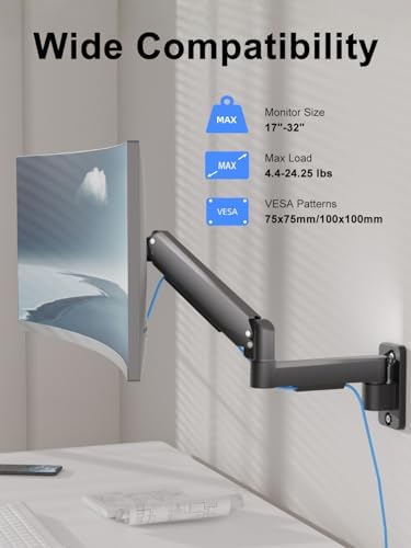 suptek Single Monitor Wall Mount for 17 to 35 Inch Screens, Gas Spring Monitor Arm Wall Mount Holds Up to 11KG/24lbs, Full Motion Adjustable,VESA Mount 75x75/100x100mm(WMX2)