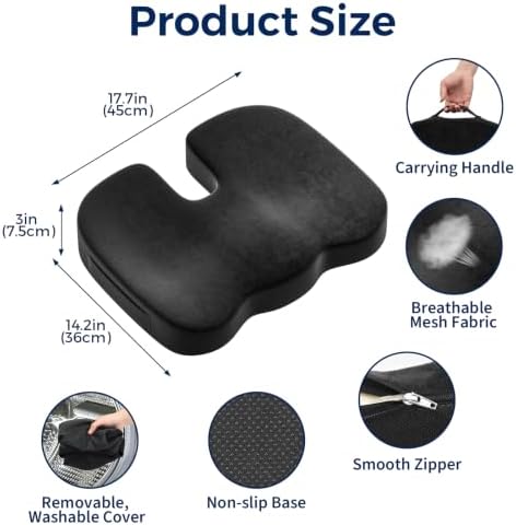Seat Cushion for Office Chair, Ergonomic Memory Foam Seat Cushion for Long Sitting and Driving, Tailbone Relief Cushion for Office Chairs and Car Seats, Non-Slip Bottom, Washable Cover, Black