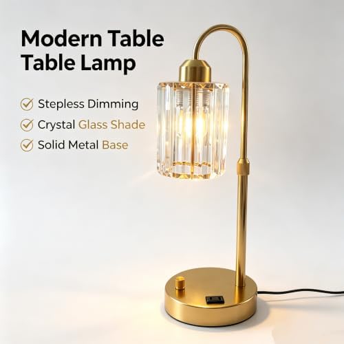 Gold Crystal Table Lamp, Adjustable Height Dimmable Desk Lamp with USB Charging Port and AC Outlet, Polished Metal Base for Bedroom Living Room