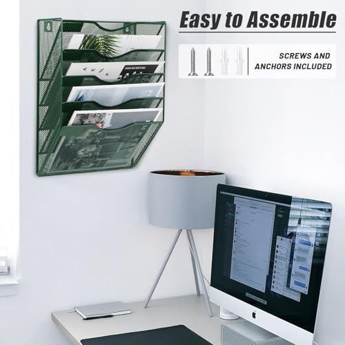 EASEPRES 5 Pocket Mesh Hanging File Organizer, Wall Mounted Mail Paper Document Folder Holder, Clipboard Storage Organization Magazine Rack with Nametag Label for Office Home School, Dark Green