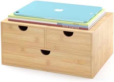 Bamboo Desk Drawer Organizer, Large Desktop Organizer with Drawers Tabletop Storage Organization Box for Office Home Toiletries Supplies Vanity, No Assembly Required (L-3 Drawers)