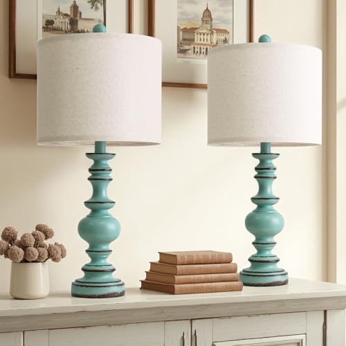 BOBOMOMO 24" Farmhouse Table Lamps Set of 2 – Distressed Teal Lamps with Linen Shades, Cottage Style Bedside Lamps for Bedroom, Living Room, or Entryway, Medium Height Lamps with Coastal Vintage Charm