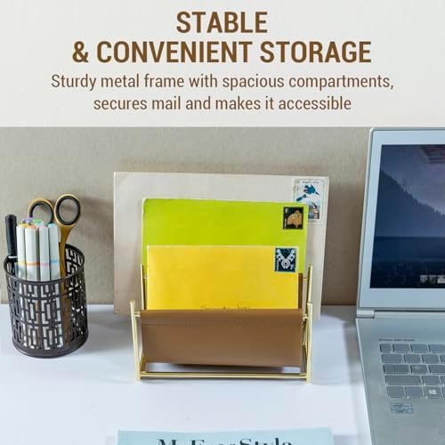MyGift 2 Slot Modern Mail Holder, Deluxe Brass Tone Metal and Toffee Brown Leatherette Sling Entryway or Desktop Tabletop Letter Sorter