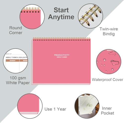 Weekly Productivity Planner - 8.5" x 11" Dashboard Desk Notepad Has 6 Focus Areas to List Tasks for Goals, Projects, Clients, Academic or Meal-Organize Your Daily Work Efficiently, 54 Weeks, Pink